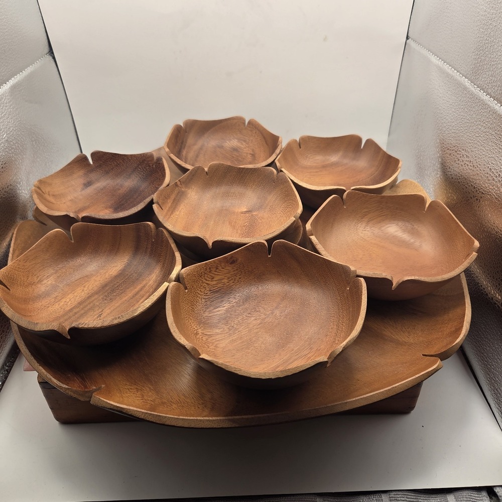 VTG Monkey Pod Wood Leaf Tray 7 Bowls Fiji